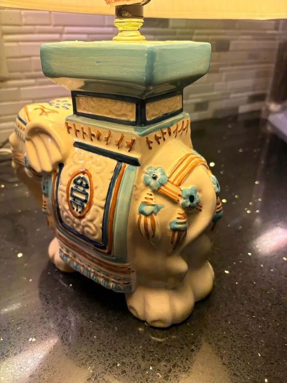 Vintage Ceramic Elephant Table Lamp Blue White Gold Accents With Shade